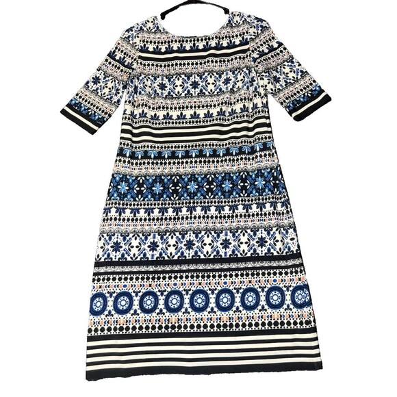 Eliza J Womens Size 6 Blue White Geometric Medallion Shift Dress 3/4 Sleeve Boho - Picture 2 of 14